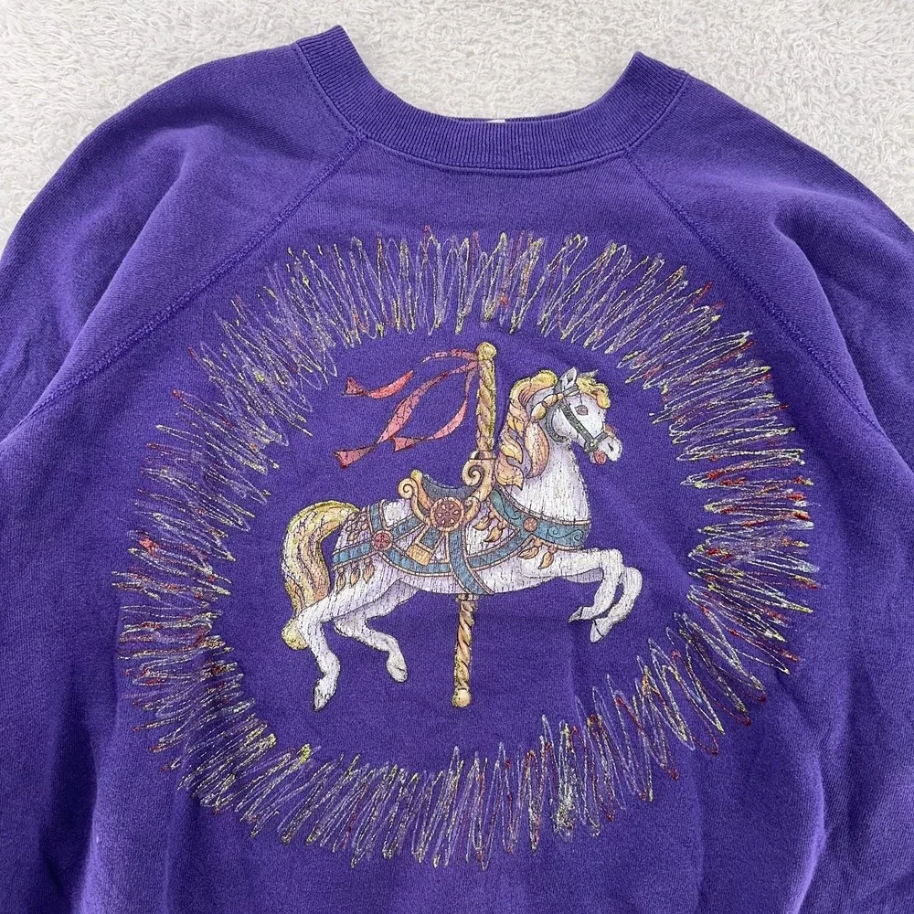 Vintage Carousel Horse Sweatshirt BOXY SHORT Medium Purple Crewneck 90s Made USA